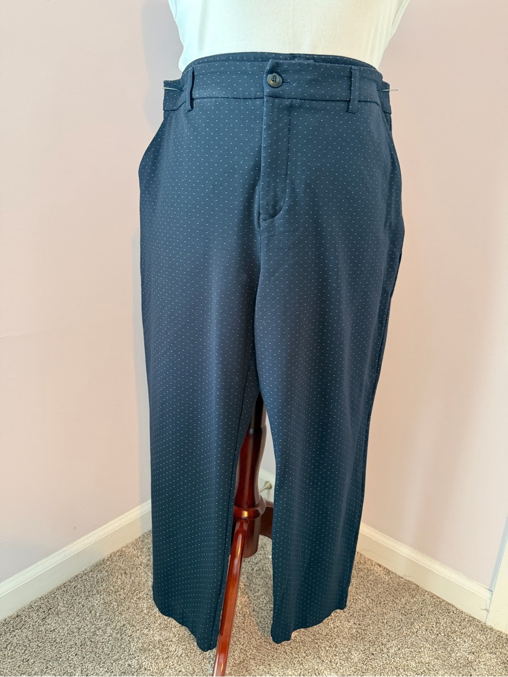 CAbi Navy Microdot Straight-Leg Cropped Dress Pants